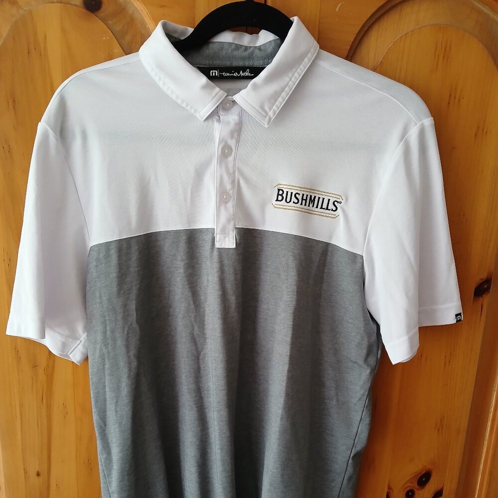 Travis Mathew Mens White-Gray Casual Polo Golf Shirt Bushmills Logo EUC Size M